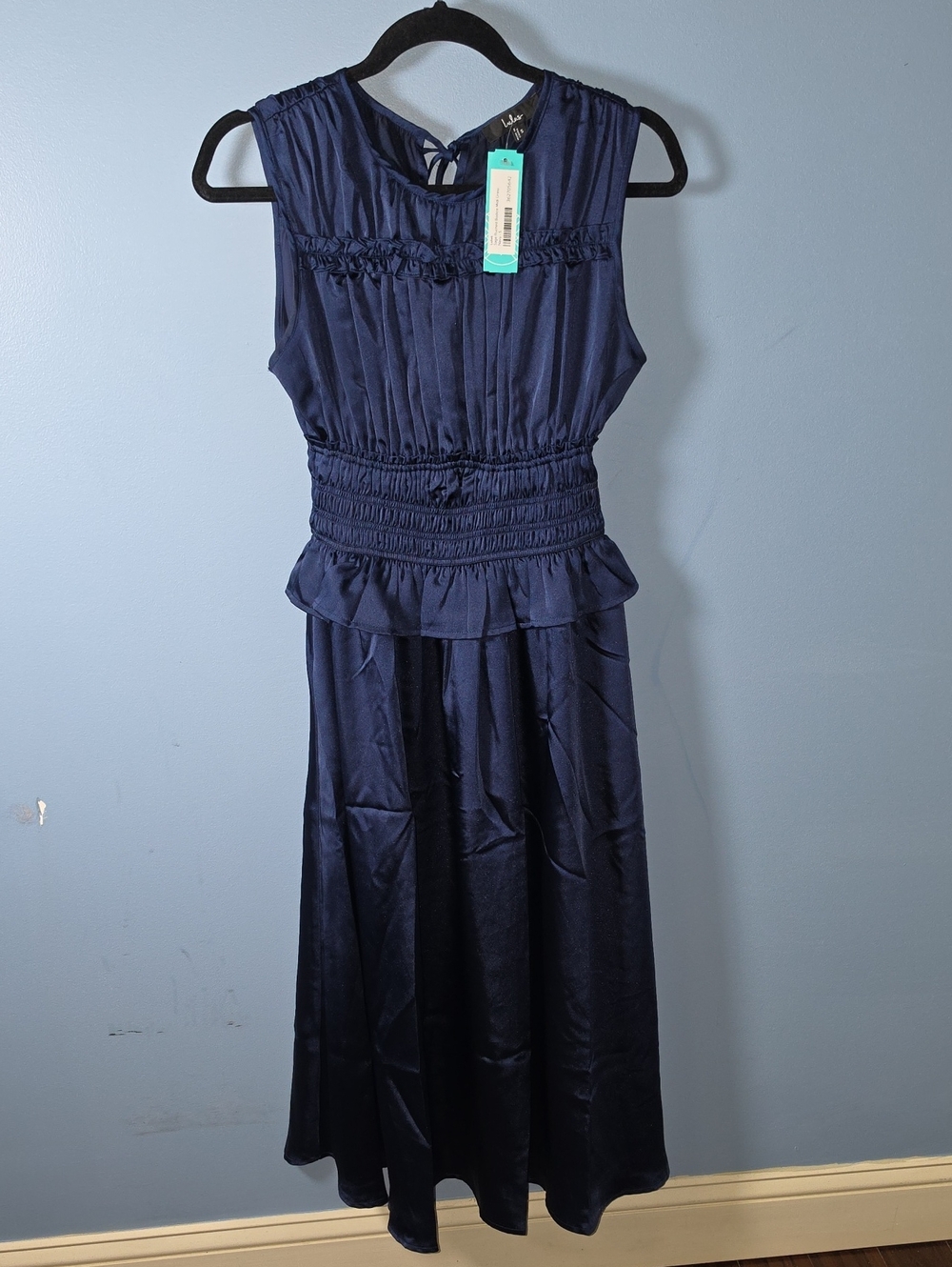 Lulus Navy Smocked Waist Peplum Midi Dress
